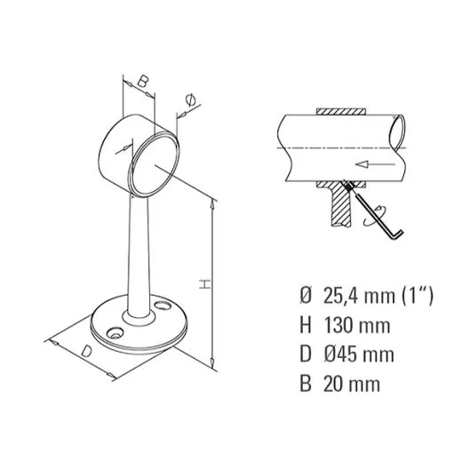 Messing Design Rohrhalter lang f�r Rohr 25,4 mm