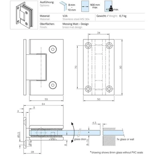 Messing matt Design Glast�rscharnier zweiseitig Wand - Glas