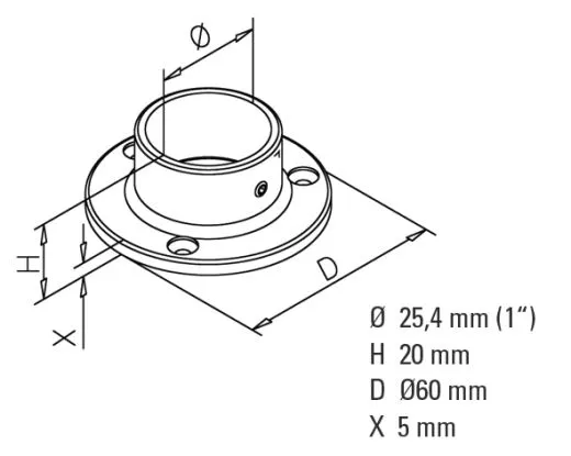 Chrom Design Rohr 25,4 mm Boden- und Wandflansch