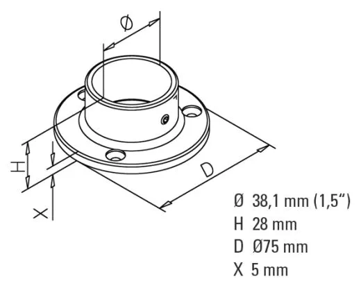 Chrom Design Rohr 38,1 mm Boden- und Wandflansch
