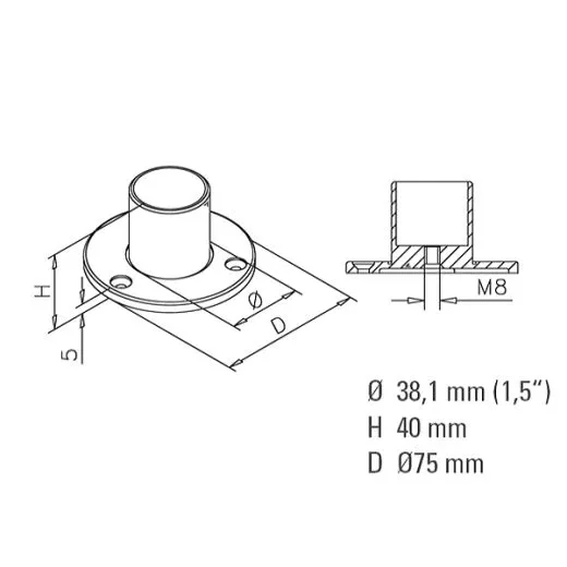 Messing matt Design Rohr 38,1 mm Wand- und Bodenflansch