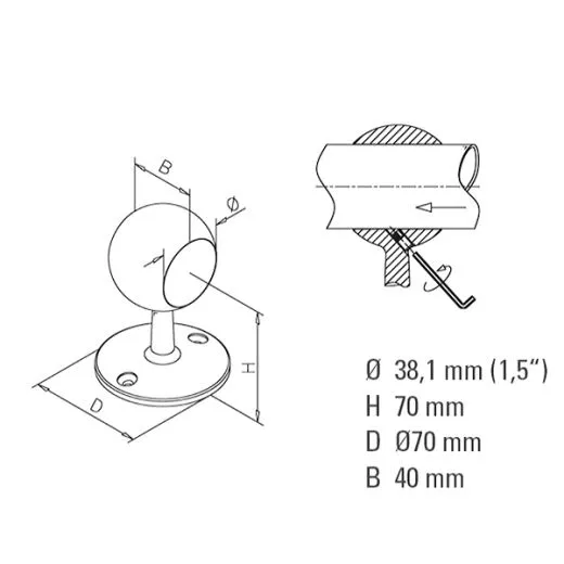 Messing matt Design Rohrhalter gewlbt fr Rohr 38,1 mm