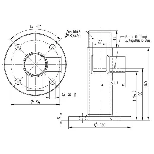 Edelstahl Bodenhalterung Eckwinkel Nutrohr � 48,3 mm