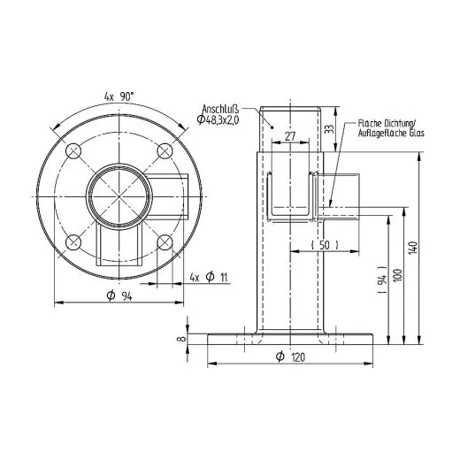 Edelstahl Bodenhalterung Eckstck Nutrohr  48,3 mm