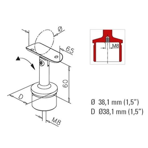 Messing matt Design Rohrst�tze variabel f�r Rohr 38,1 mm