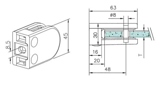 Chrom Design Glasklemme - 22 - Flachmontage - Glas 6-10 mm