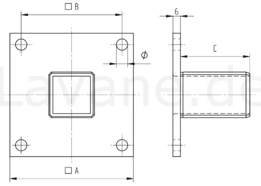 Edelstahl Vierkant 40x40 mm Einpressflansch