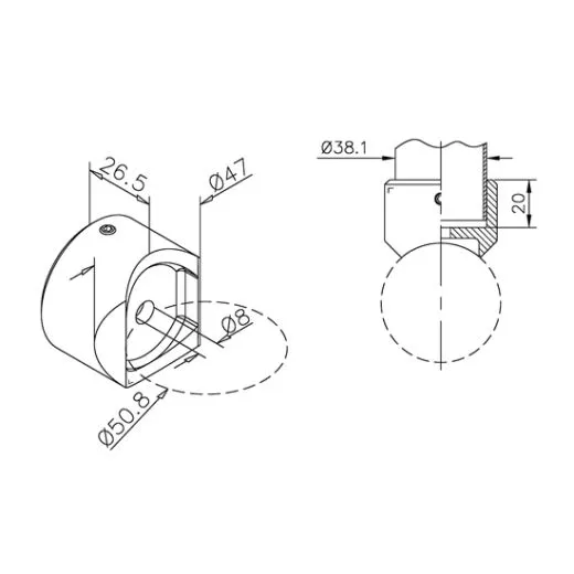 Edelstahl Design Rohradapter 50,8 mm auf 38,1 mm