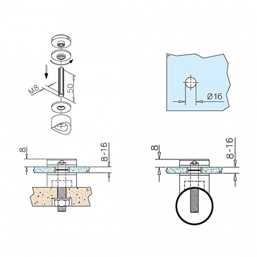 Glasmontageadapter Messing matt Design - Glas 8-16 mm - Rohr 50.8 mm