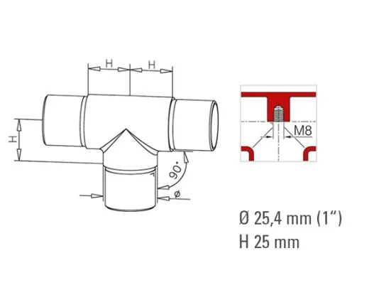 Edelstahl Design Rohr 25,4 mm Rohrverbinder T