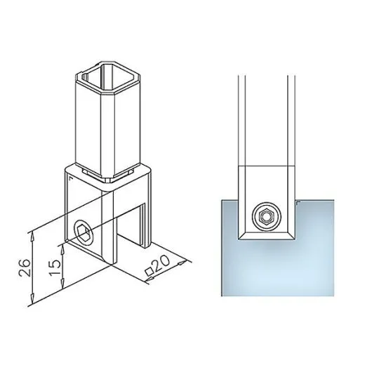 Edelstahl Design Vierkant 20x20 mm Glas-Rohrhalter gerade