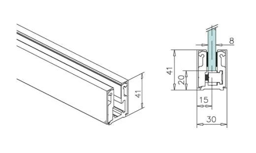 Alu Glasprofil 41x30x41mm - Edelstahl Design - Glas 8-8,76mm - 200cm