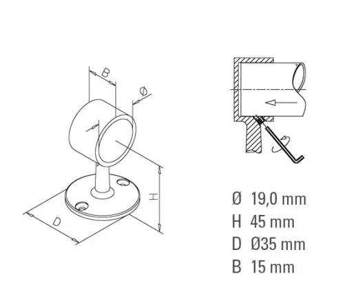 Edelstahl End-Rohrhalter fr Rohr 19,0 mm