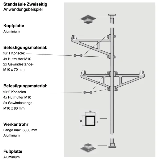 Alu-Vierkantrohr 40x40 - S�ulenmontage - Wurst- & Fleischgeh�nge - 3m