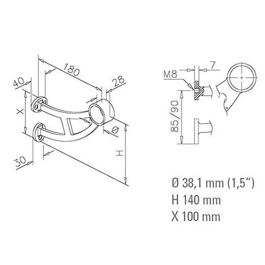Edelstahl Design Fusslaufsttze Rohr 38,1 mm 20-0102